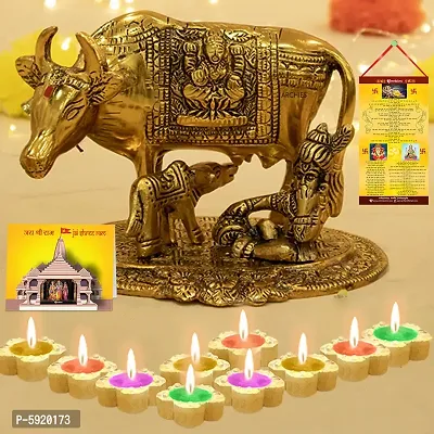 Kamdhenu Cow With Laddu Gopal with Diwali Aarti Scroll,3D Greeting Card,and 10 Diya(Gift Pack of 13)