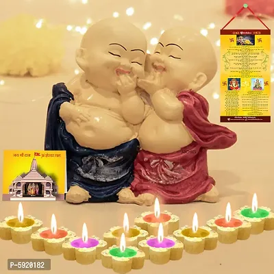 Buddha Monk Statue with Diwali Aarti Scroll,3D Greeting Card,and 10 Diyas (Gift Pack of 13)