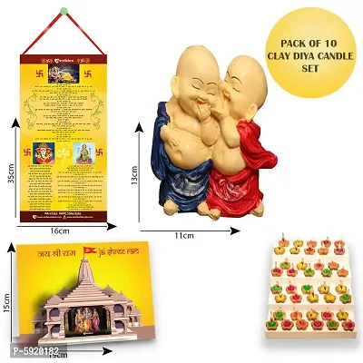 Buddha Monk Statue with Diwali Aarti Scroll,3D Greeting Card,and 10 Diyas (Gift Pack of 13)-thumb2