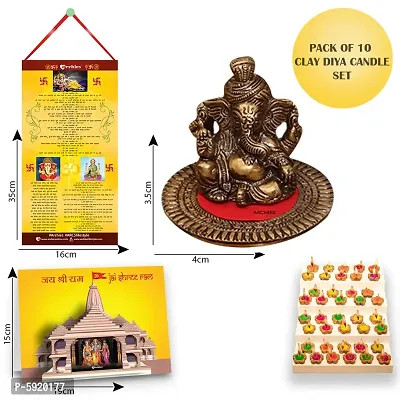 Gold-Toned Ganesha with Diwali Aarti Scroll,3D Greeting Card,and 10 Diyas (Gift Pack of 13)-thumb2