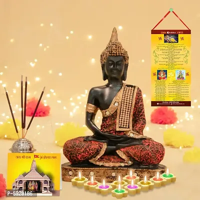 Meditating Buddha Idol with Diwali Aarti Scroll,3D Greeting Card,and 10 Diyas (Gift Pack of 13)