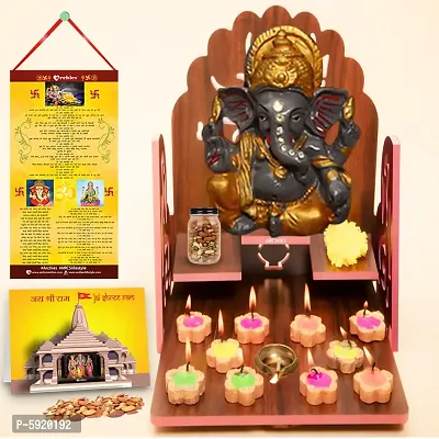 Embellished Ganesha Idol with Diwali Aarti Scroll,3D Greeting Card,and 10 Diyas (Gift Pack of 13)-thumb3