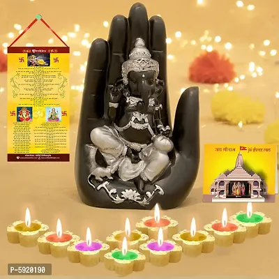 Ganesha Idol with Diwali Aarti Scroll,3D Greeting Card,and 10 Diyas (Gift Pack of 13)