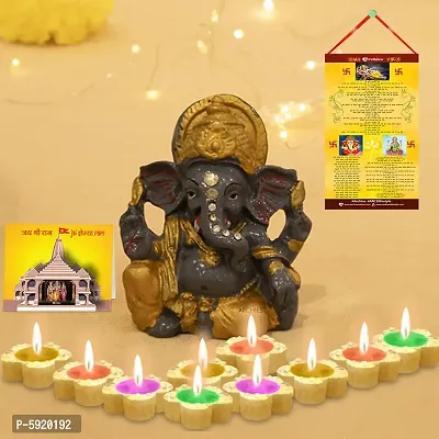 Embellished Ganesha Idol with Diwali Aarti Scroll,3D Greeting Card,and 10 Diyas (Gift Pack of 13)