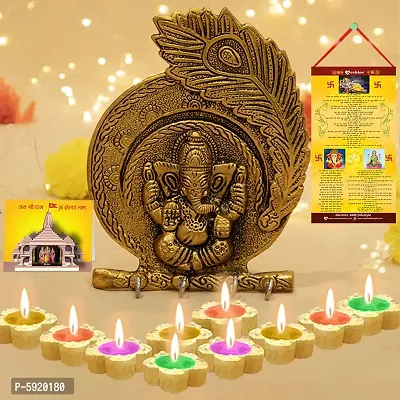 Gold Ganesha Wall Hanging with Diwali Aarti Scroll,3D Greeting Card,and 10 Diyas (Gift Pack of 13)