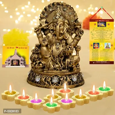 Ganesh Idol with Diwali Aarti Scroll,3D Greeting Card,and 10 Diyas (Gift Pack of 13)