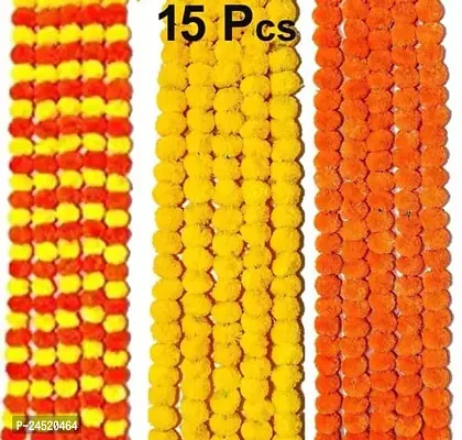 Artificial Marigold Garland Flowers Yellow-Orange-Mix 5 Feets Long For Door Decoration Toran Genda Phool Mala For Wedding-Festivals Arch-Pack Of 15-thumb0