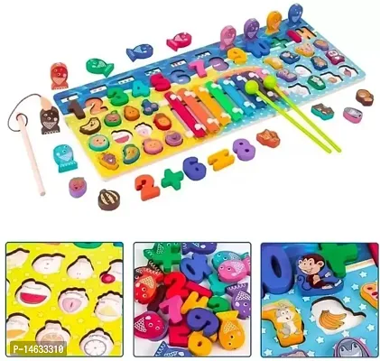 Wooden 5in1 Montessori Learning Board with Numbers , Xylophone fruits with name , fishing game and Animals with food Party Play Piano Multicolor Toys for Children age above 3 year old all the best gif