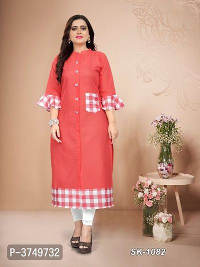 Peach Cotton Checked Kurtas For Women