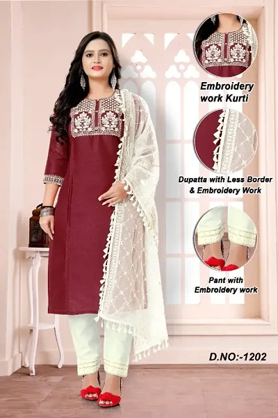 Slub Embroidered Kurtas For Women