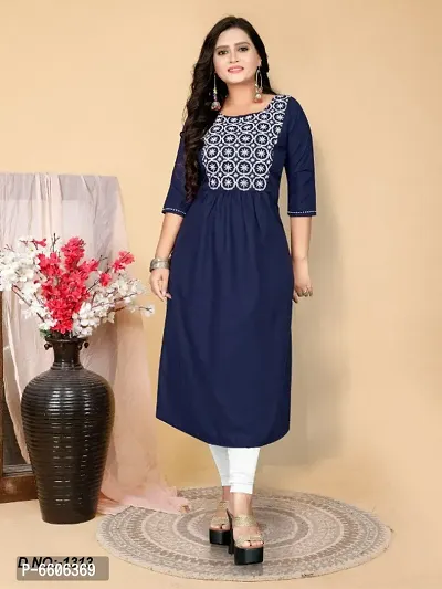 Navy Blue Cotton Embroidered Kurtas For Women