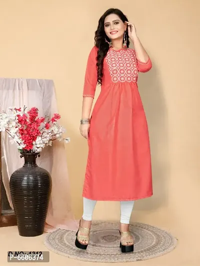 Peach Cotton Embroidered Kurtas For Women