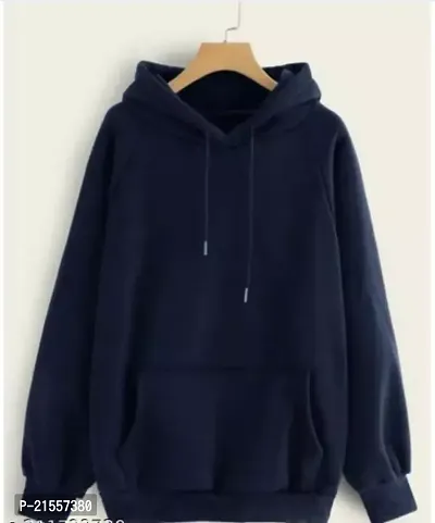 Stylish Navy Blue Fleece Solid Hoodies For Women-thumb0