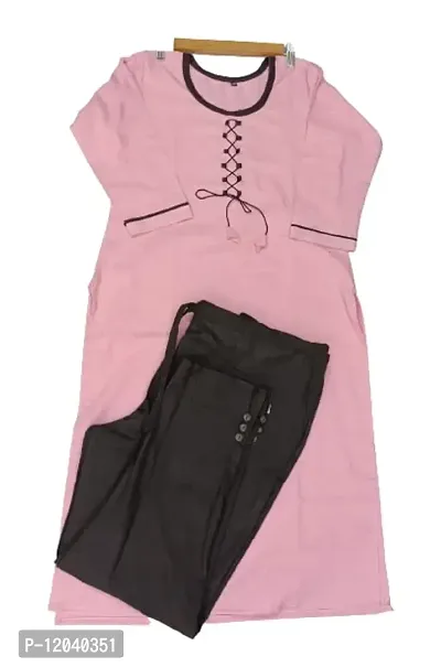 Khadi Kurti Trouser Set Khadi Material Kurta for Women | Straight Cut Kurti | Readymade Women's and Girls Casual Wear Kurta | Office wear (Large, Pink)-thumb0