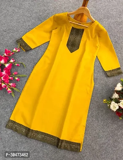 Reliable Yellow Cotton Slub Lace Border Kurta For Women-thumb0