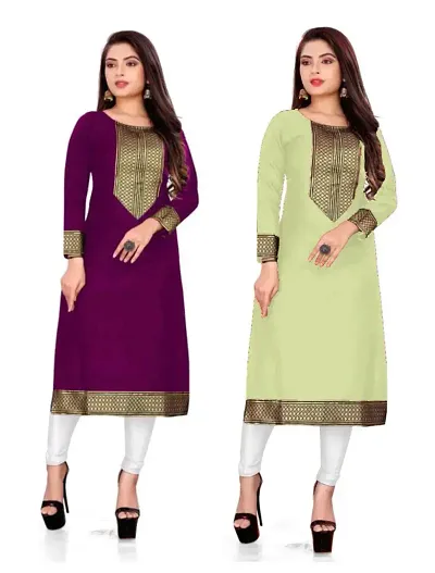 Stylish Cotton Slub Straight Self Pattern Kurtis - Pack Of 2