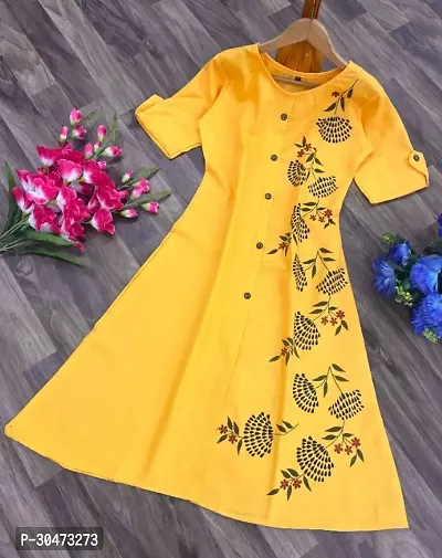 Reliable Yellow Cotton Slub Printed Kurta For Women-thumb0