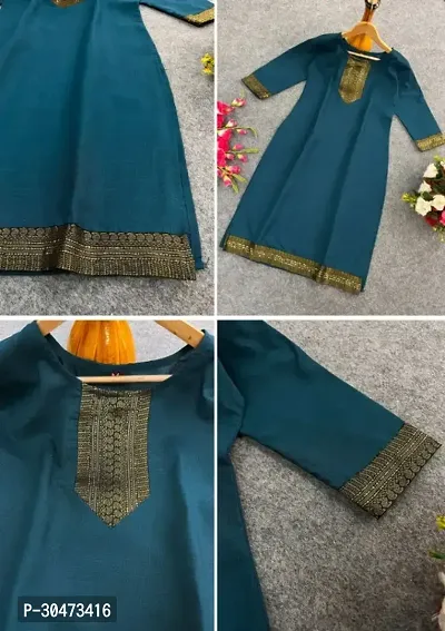 Reliable Teal Cotton Slub Lace Border Kurta For Women-thumb0