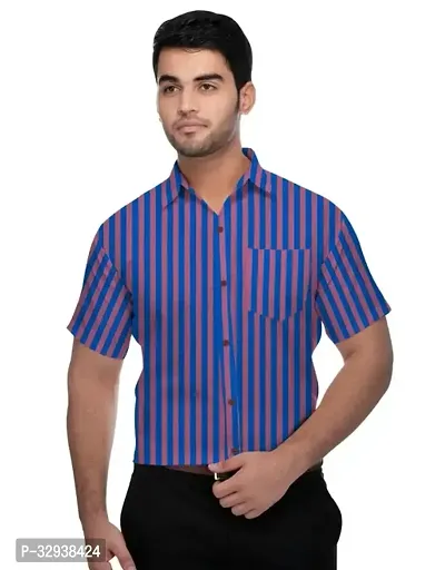 Reliable Blue Cotton Striped Short Sleeves Casual Shirts For Men-thumb0