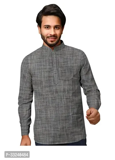 Reliable Grey Khadi Solid Short Length Kurta For Men-thumb0