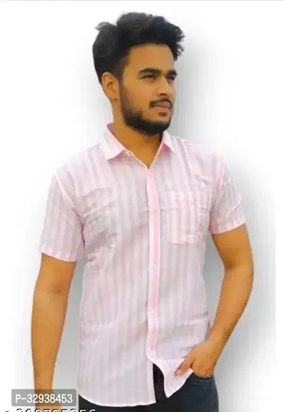 Reliable Pink Cotton Striped Short Sleeves Casual Shirts For Men-thumb0