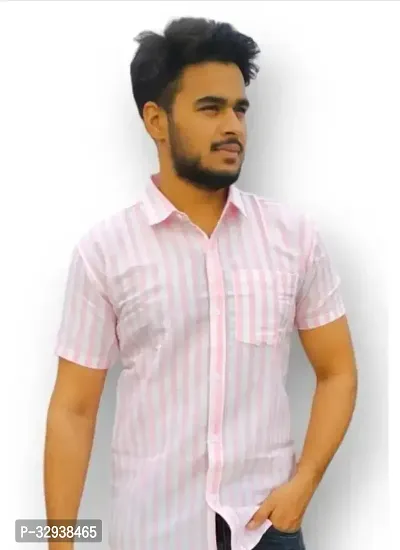 Reliable Pink Cotton Striped Short Sleeves Casual Shirts For Men-thumb0