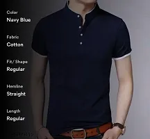 Reliable Blue Cotton Solid Mandarin Tees For Men-thumb1