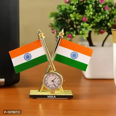 Voila India Cross Design Flags with Clock for Car Dashboard, Home, Study Table, Office Desk, Other, Other