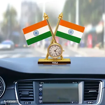 Voila Indian Cross Design Stand Flags with Clock for Car Dashboard