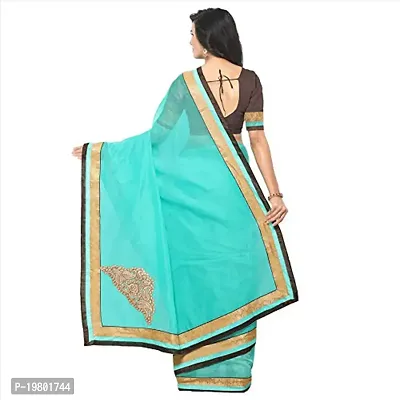 Voila Women Plain Art Silk with Gold Lace Border Saree Blue-thumb3