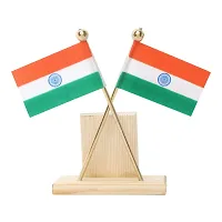 VOILA Indian Flags in Pair with Satyamev Jayate Wooden Symbol Stand for All Car Desk  Office Table-thumb2