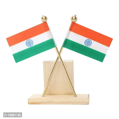 VOILA Indian Flags in Pair with Satyamev Jayate Wooden Symbol Stand for All Car Desk  Office Table-thumb3