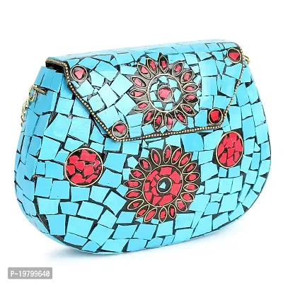 VOILA Women's Sky Blue Chipped Stone Handmade Brass Clutch-thumb2