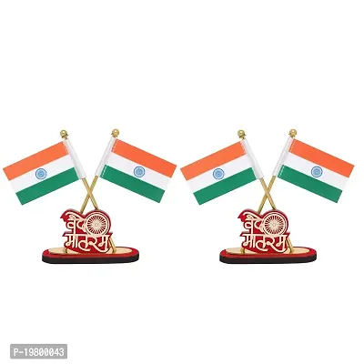 VOILA Indian National Flag Stand with Vande Mataram Logo for Car Dashboard Home Table, Office Desk Decoration Pack of 2