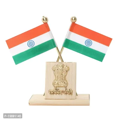 VOILA Indian Flags in Pair with Satyamev Jayate Wooden Symbol Stand for All Car Desk  Office Table-thumb0