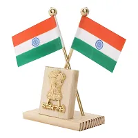 VOILA Indian Flags in Pair with Satyamev Jayate Wooden Symbol Stand for All Car Desk  Office Table-thumb1