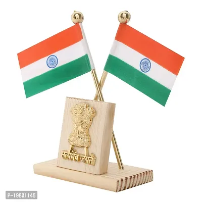 VOILA Indian Flags in Pair with Satyamev Jayate Wooden Symbol Stand for All Car Desk  Office Table-thumb2