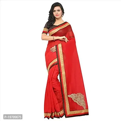 Voila Women Plain Art Silk with Gold Lace Border Saree Red