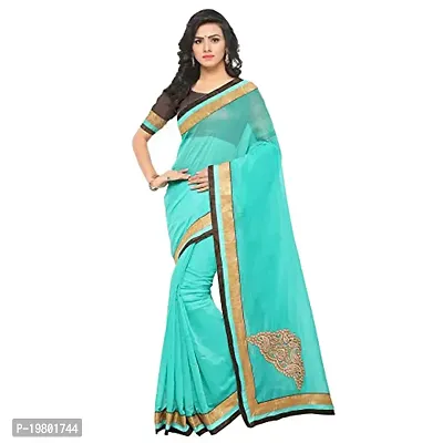 Voila Women Plain Art Silk with Gold Lace Border Saree Blue