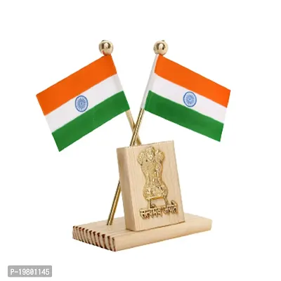 VOILA Indian Flags in Pair with Satyamev Jayate Wooden Symbol Stand for All Car Desk  Office Table-thumb4