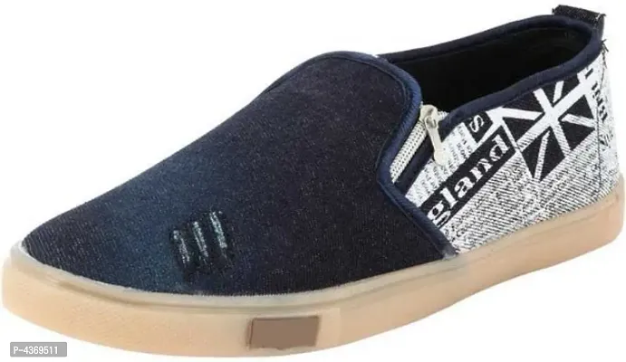 Trendy Navy Blue Printed Canvas Shoes For Men-thumb0