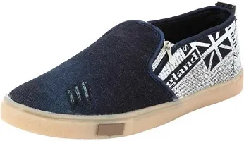 Trendy Navy Blue Printed Canvas Shoes For Men-thumb2