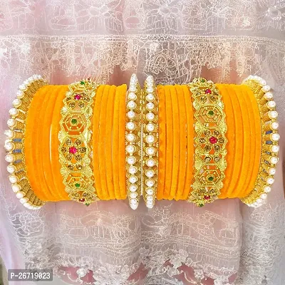 Haldi-yellow velvet bangle brass chuda set pearl kada for girls and women (Pack of 26)-thumb0