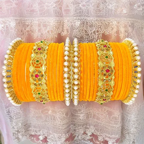 Haldi-yellow velvet bangle brass chuda set pearl kada for girls and women (Pack of 26)