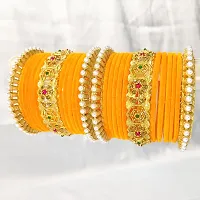 Haldi-yellow velvet bangle brass chuda set pearl kada for girls and women (Pack of 26)-thumb2