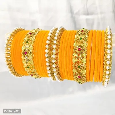 Haldi-yellow velvet bangle brass chuda set pearl kada for girls and women (Pack of 26)-thumb3