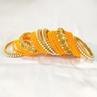 Haldi-yellow velvet bangle brass chuda set pearl kada for girls and women (Pack of 26)-thumb3