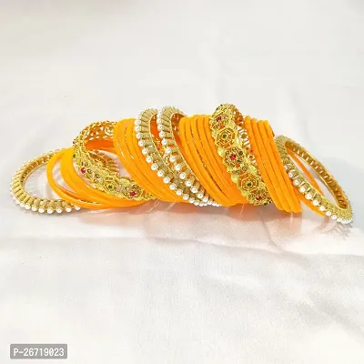 Haldi-yellow velvet bangle brass chuda set pearl kada for girls and women (Pack of 26)-thumb4