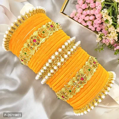 Haldi-yellow velvet bangle brass chuda set pearl kada for girls and women (Pack of 26)-thumb5