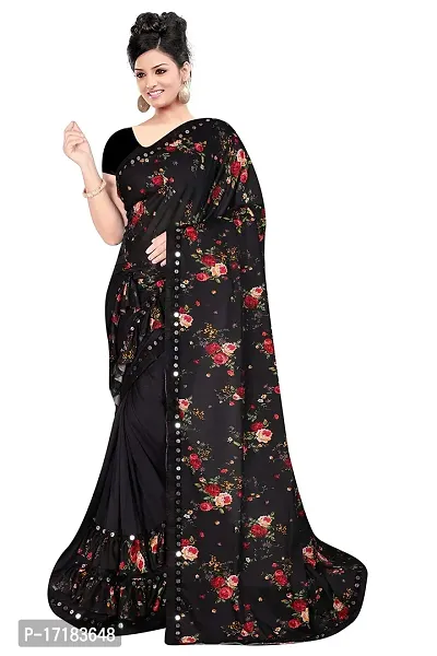 JAY AMBEY FABRICS Women's Ruffle Lycra Frill Saree With Unstitched Blouse Material Ethnic Wear Traditional Saree's (BLACK)